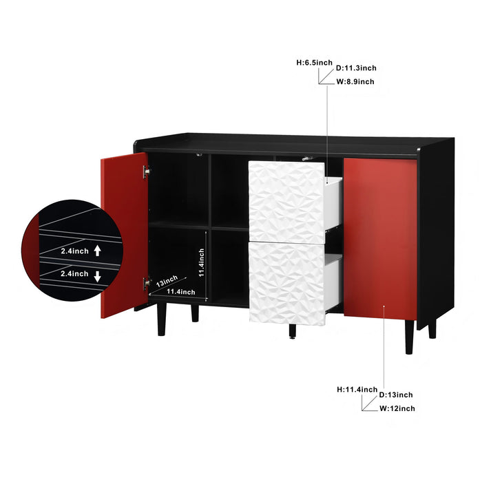 Modern Sideboard Buffet Cabinet With Red Doors And Unique Panel Styling