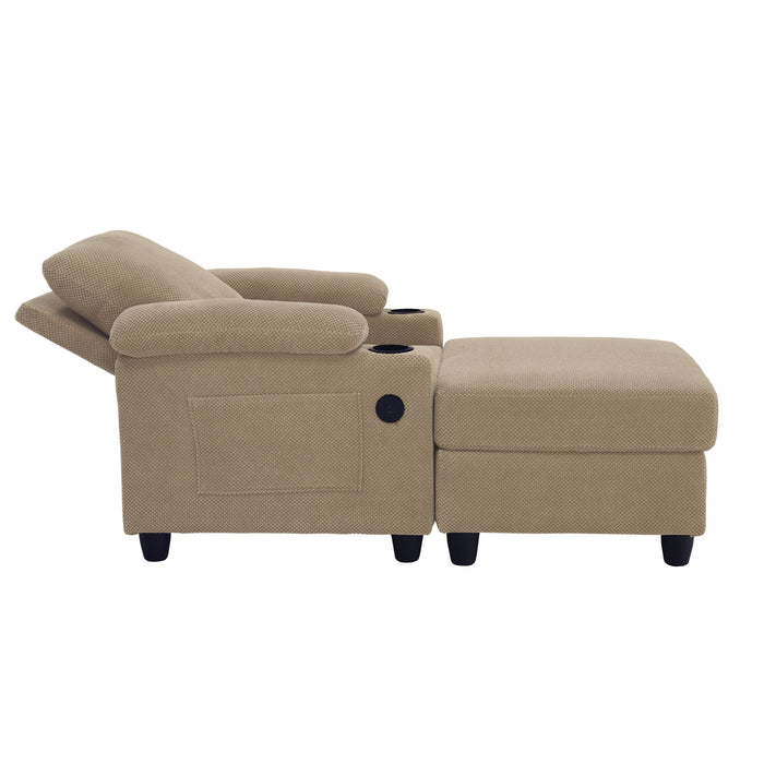 Accent Chair With Storage Ottoman, Reclining Single Chaise Lounge With Cupholders And USB, C Ports
