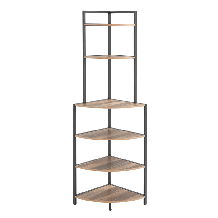 6 Tier Corner Open Shelf Modern Bookcase Wood Rack Freestanding Shelving Unit, Plant Album Trinket Sturdy Stand Small Bookshelf Space-Saving For Living Room Home Office Kitchen Small Space - Rustic Brown