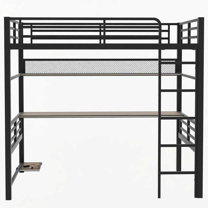 Full Size Loft Bed Frame With Storage Shelf And LED Light - Black
