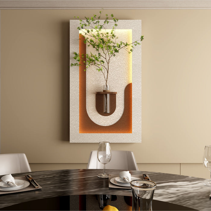 Adjustable 3 Color LED Sandstone Wall Decor With Simulated Plants, Vase & Rabbit Statue - Light Coffee