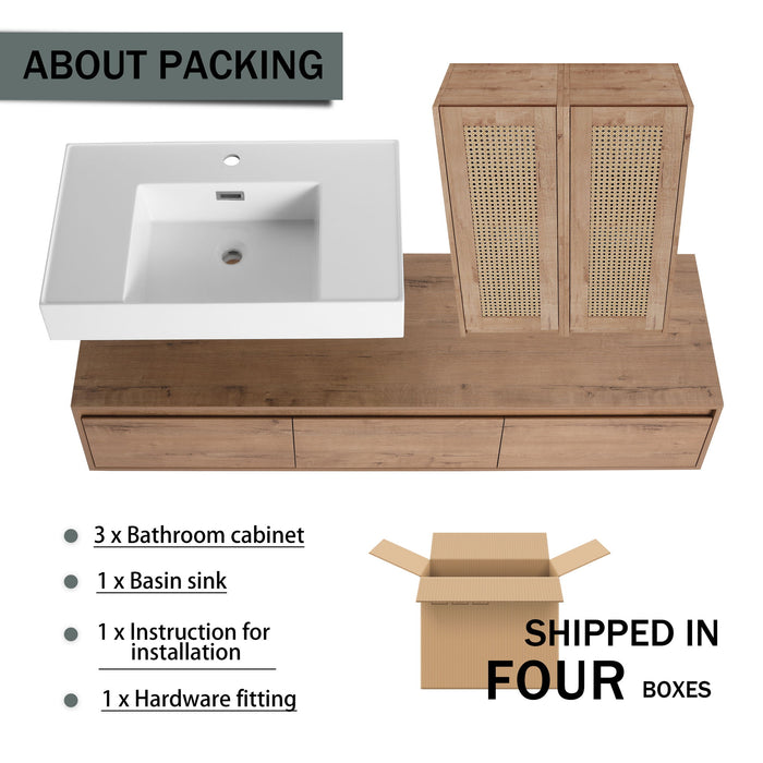Modern Wall Mounted Bathroom Vanity With Resin Sink And 2 Side Cabinet, Imitative, Construction - Imitative Oak