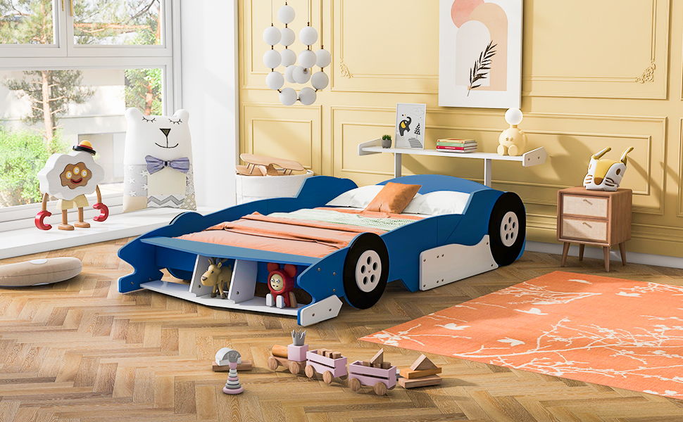 Race Car-Shaped Platform Bed With Wheels