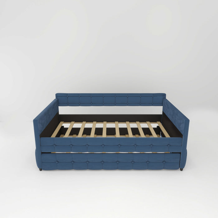 Upholstered Twin Size Daybed Bed Frame (Corner Bed) With Trundle, Velvet Fabric, Studding Design, No Box Spring Required
