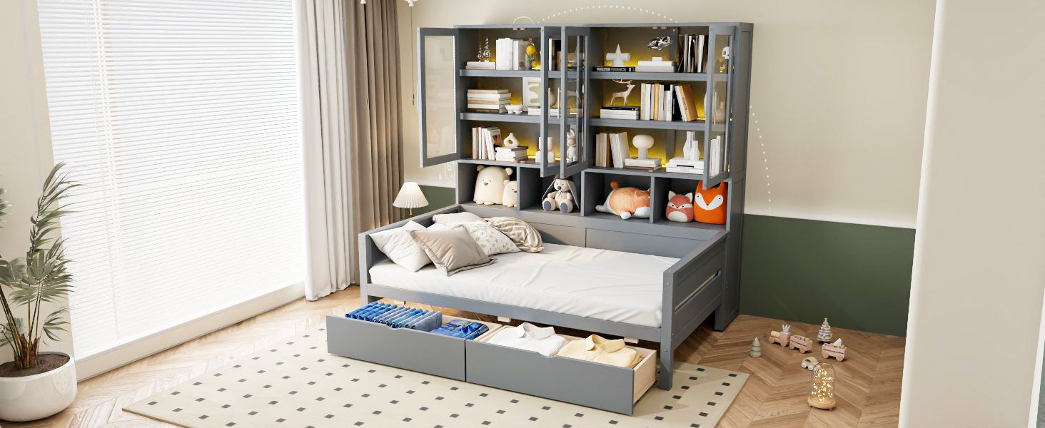 Daybed With Glass Door Storage Cabinets, Built In LED Lighting And Shelves