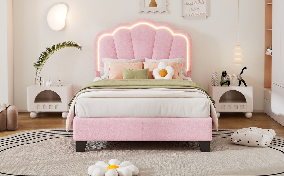 Upholstered Elegant Flowers Headboard With LED Light Strip, Platform Bed With Slats Support