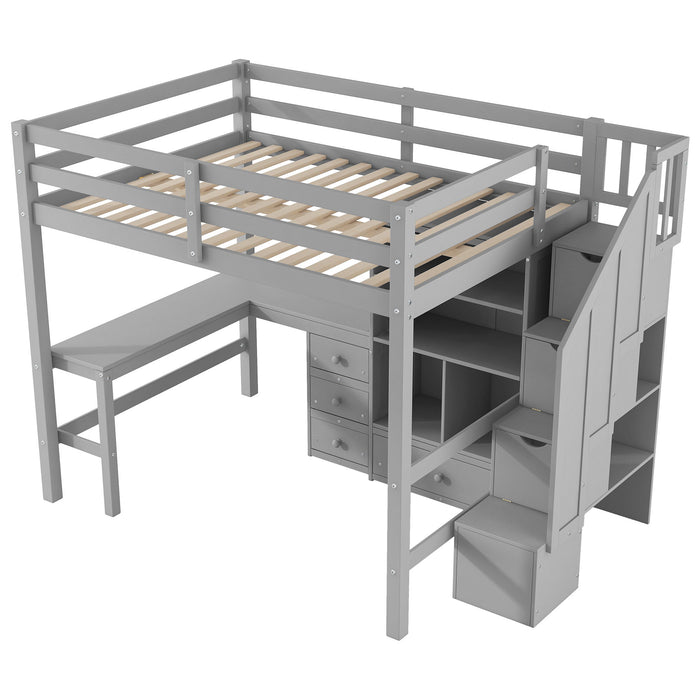 Loft Bed & L Shaped Desk, Drawers, Cabinet, And Storage Staircase