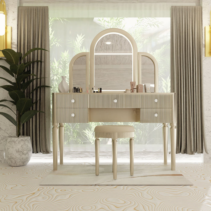 Mirrored Makeup Vanity Table Set With Adjustable Lighting And Storage