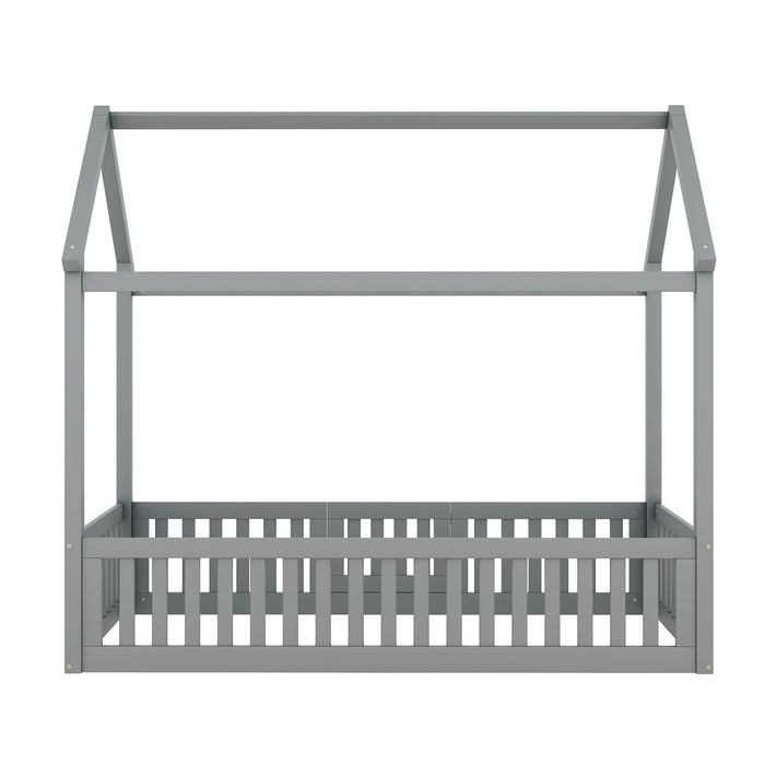 Wood House Bed With Fence And Door