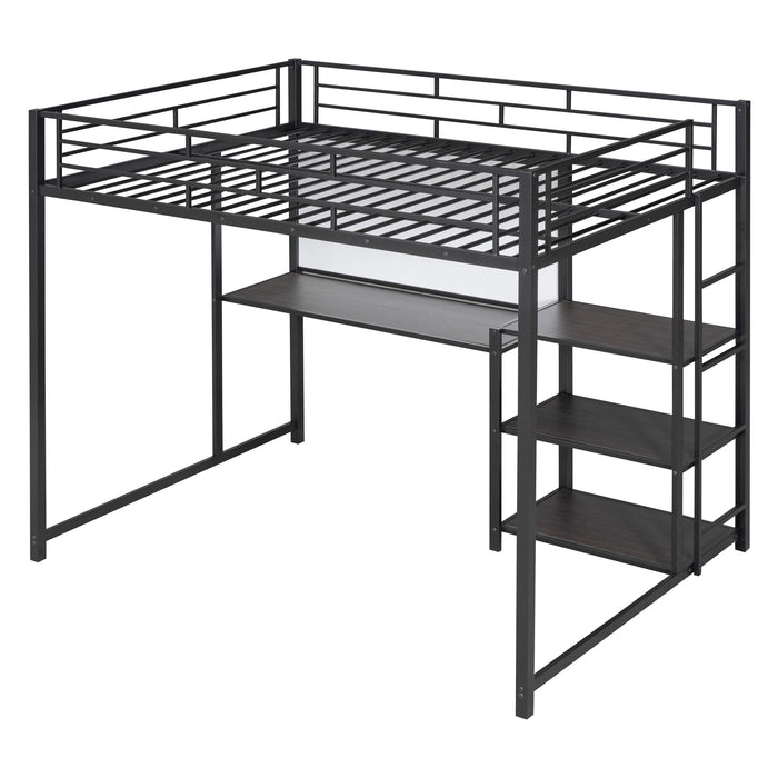 Metal Loft Bed With Desk, 3 Shelves And Ladder