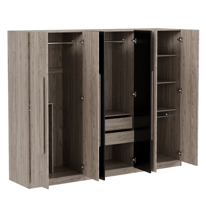 6 Doors Wardrobe Storage For Bedroom, With 2 Drawers Inside - Black / Nature