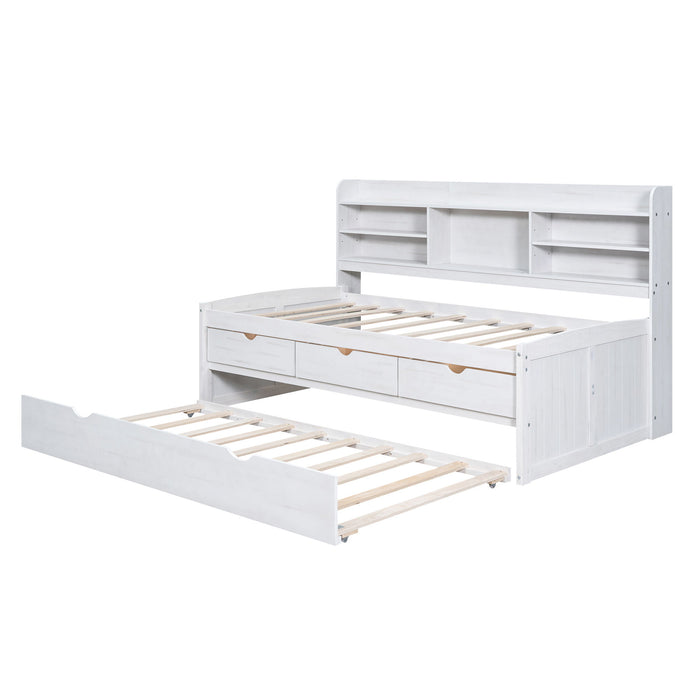 Captain Bed With Built In Bookshelves, 3 Storage Drawers, And Trundle