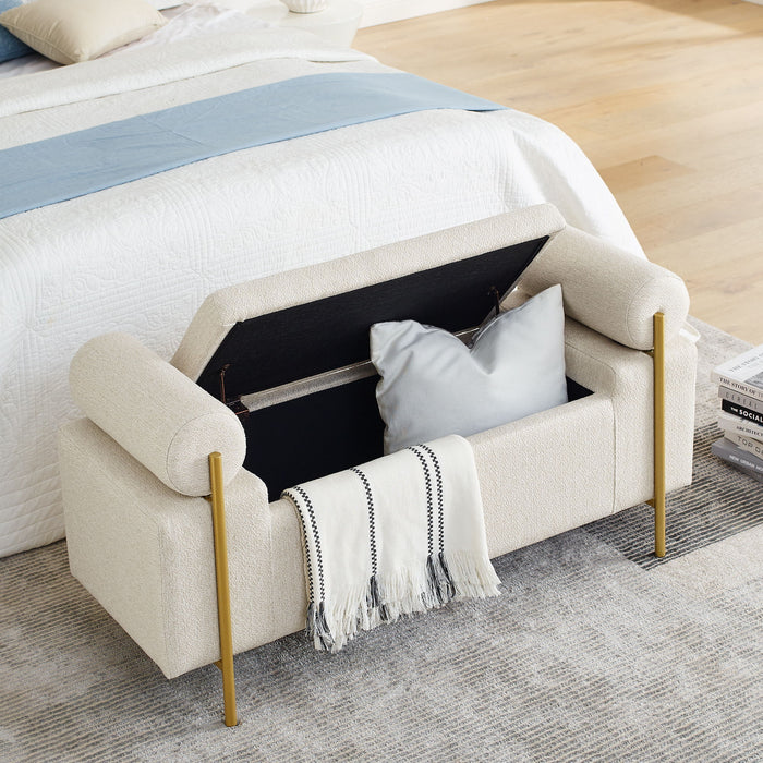 Elegant Upholstered Linen Storage Bench With Cylindrical Arms And Iron Legs, White