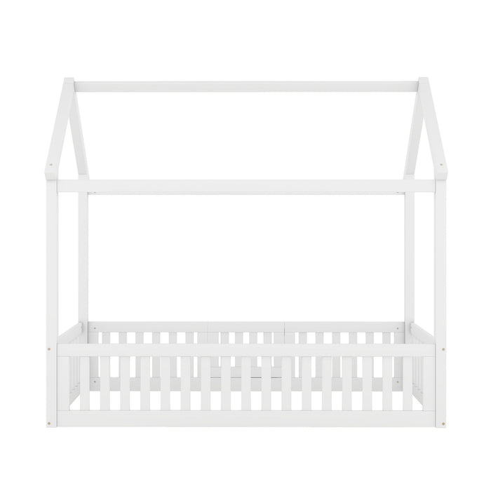 Wood House Bed With Fence And Door