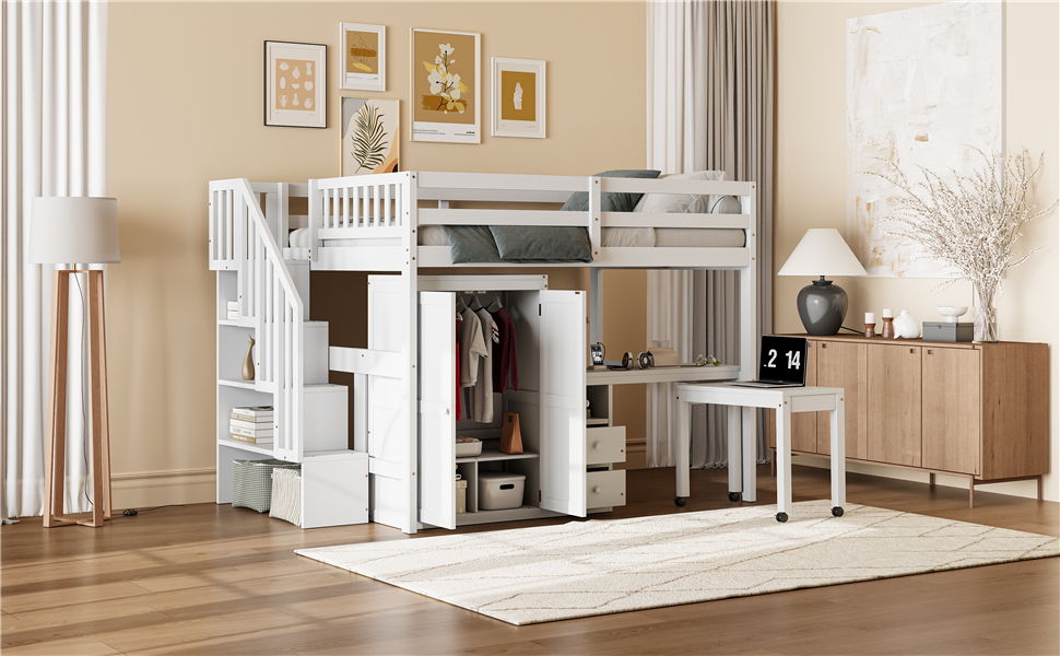 Loft Bed With Stairs, Bookshelf, Drawers, Desk & Wardrobe, Space Saving Multifunctional Furniture