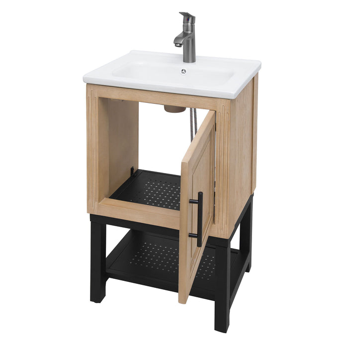 Modern Freestanding Bathroom Vanity With Ceramic Sink, Hot And Cold Faucet, 1 Door Cabinet & Open Shelf
