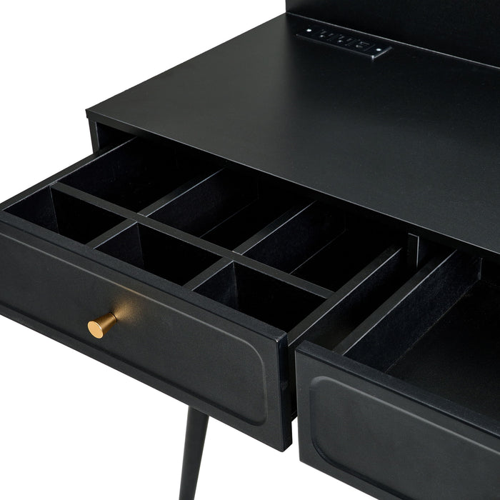 Modern Makeup Vanity Desk With Mirror And Lights Retractable Design Engineered Wood - Black