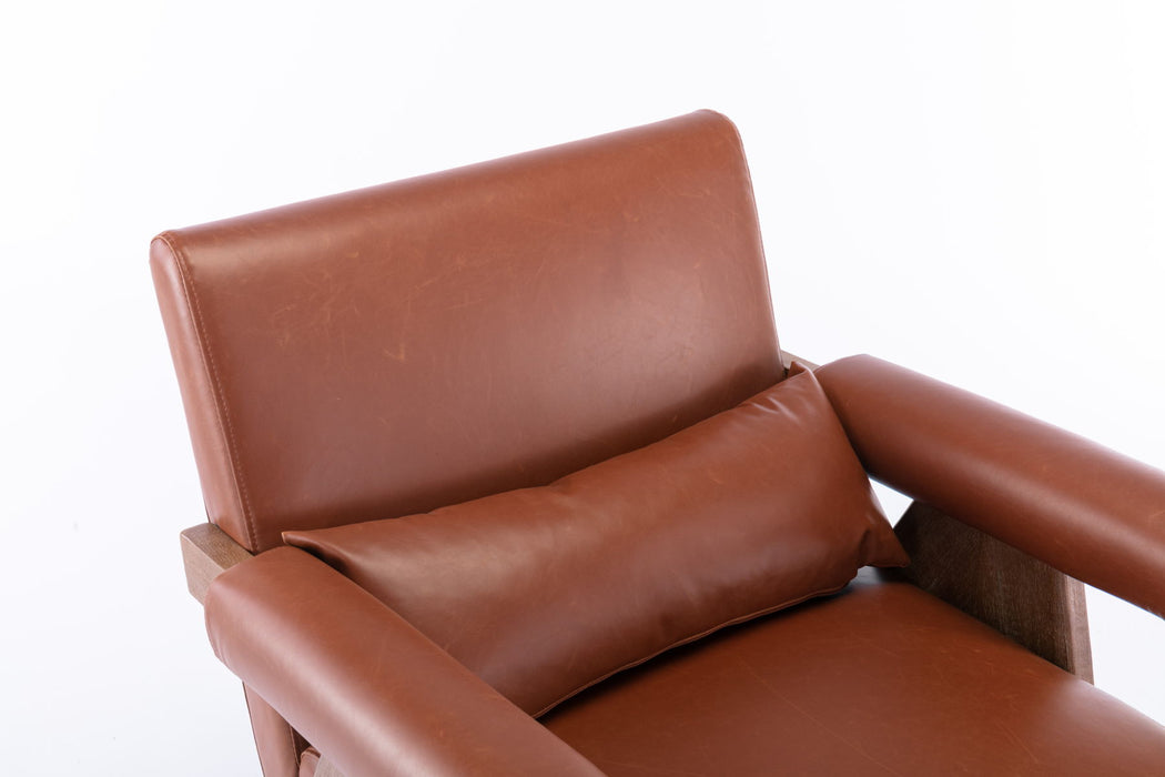 Accent Chair, Rubber Wood Legs With Walnut Finish Leather Cover The Seat With A Cushion - Brown