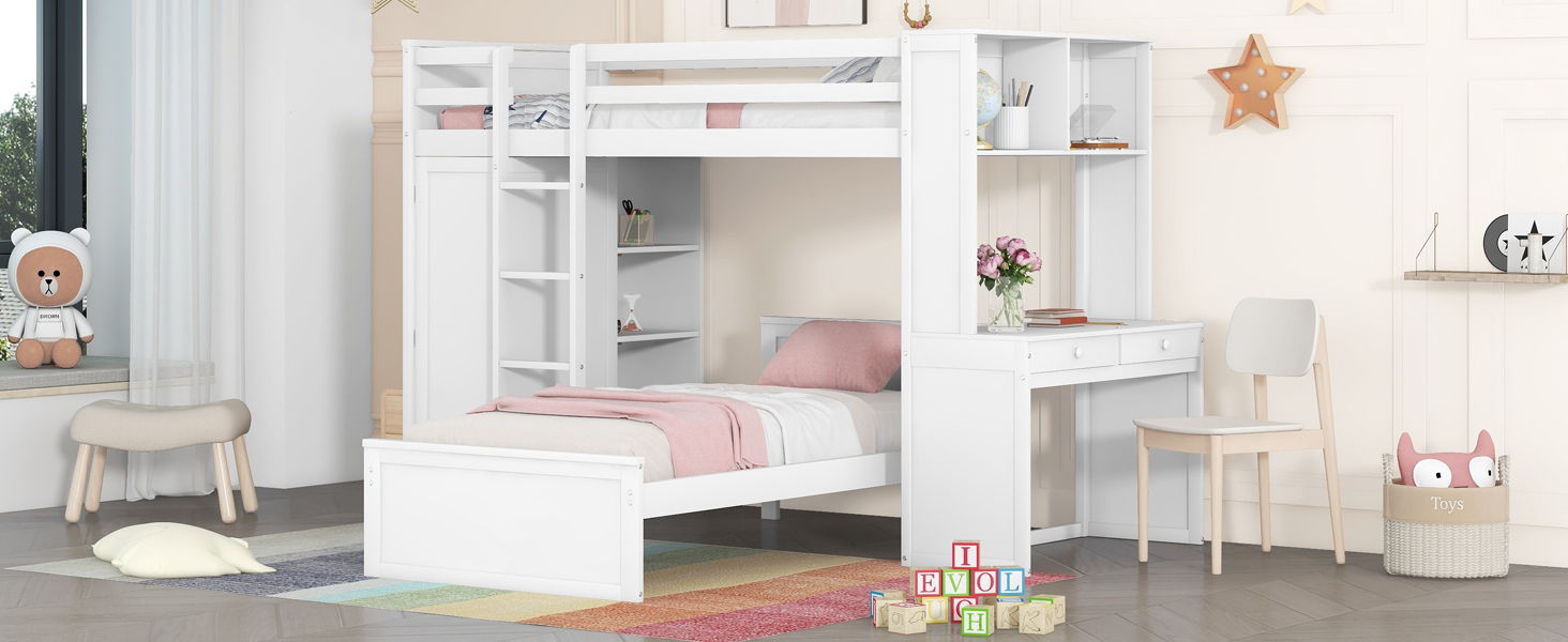 Loft Bed With A Stand Alone Bed, Shelves, Desk, And Wardrobe