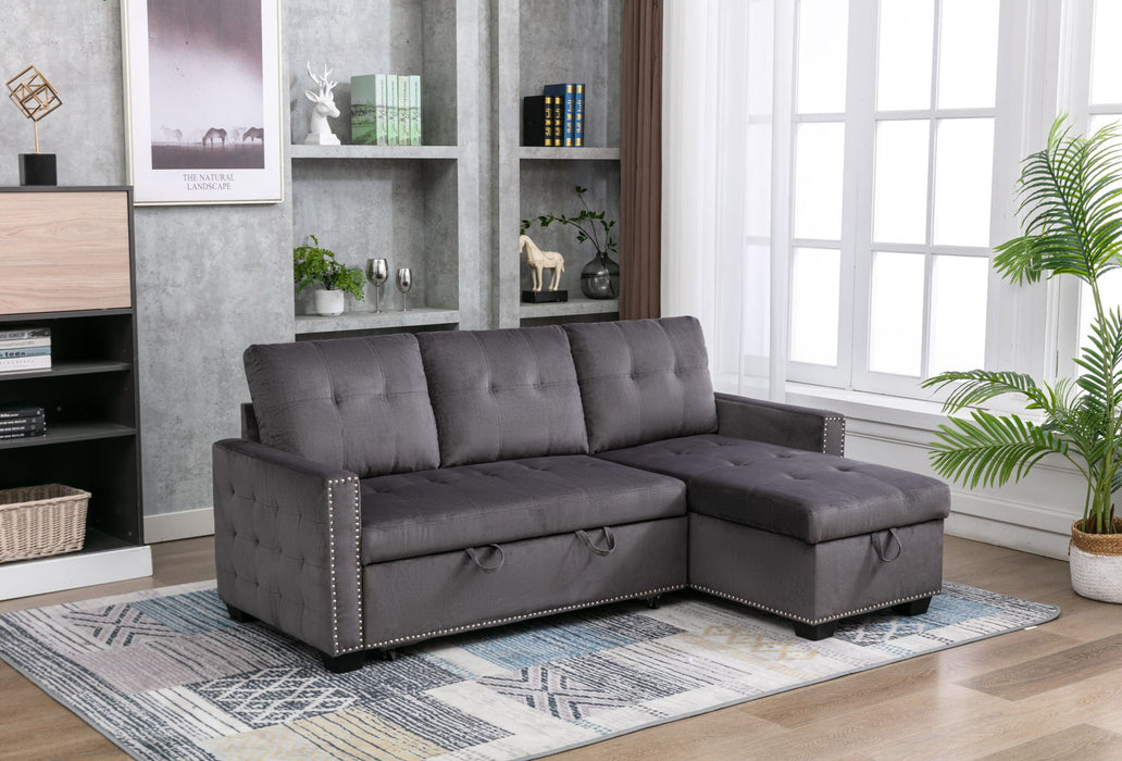 77" Reversible Sectional Storage Sleeper Sofa Bed, L-Shape 2 Seat Sectional Chaise With Storage, Skin - Feeling Velvet Fabric, Dark Gray Color For Furniture