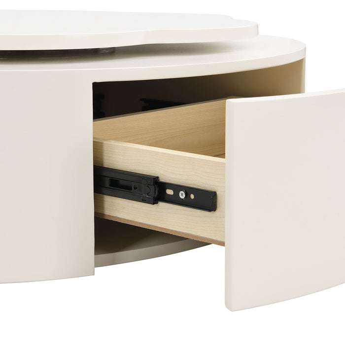 Modern Round Coffee Table (Set of 2), 360 Degree Rotatable Flower Shaped Top With 2 Drawers, Top Circle Side Table End Table With Glass For Living Room - Off White