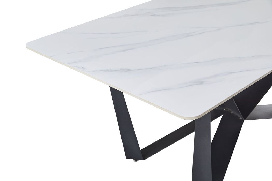 Sleek Black Sandstone Dining Table With Glossy Snow Mountain Stone Top And Carbon Steel Base