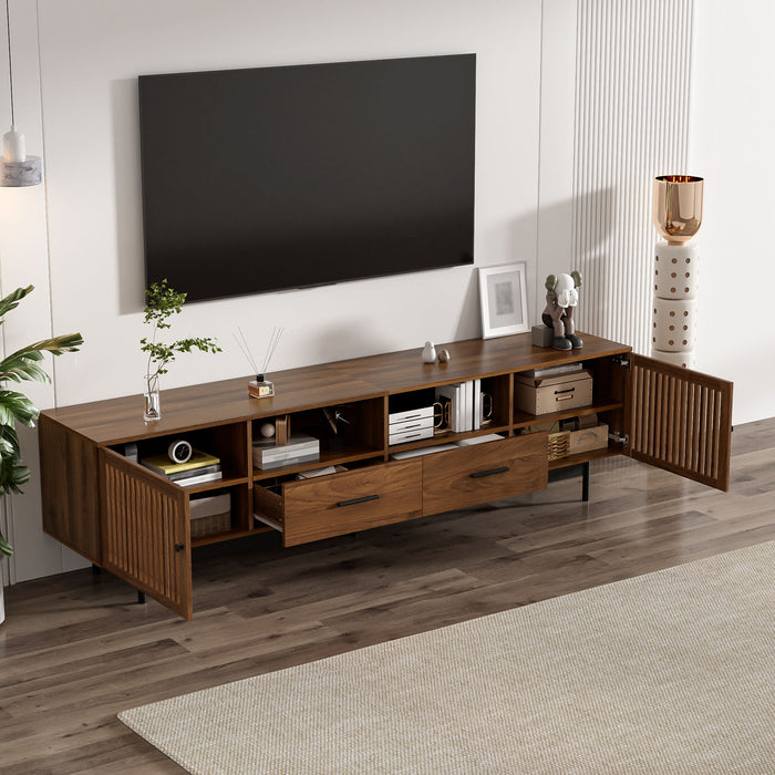 TV Stand, Media Console With 2 Drawers, Soft Closing Slatted Doors, Living Room Entertainment Center - Walnut