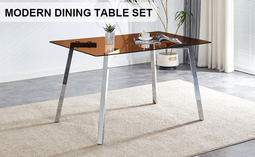 Modern Minimalist Style Rectangular Glass Dining Table, Brown Tempered Glass Tabletop And Silver Metal Legs, Suitable For Kitchen, Dining Room, And Living Room