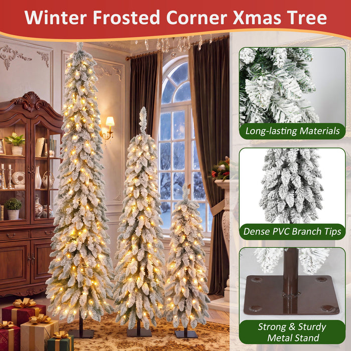 Slim Snow Flocked Pre Lit Pencil Christmas Tree, 3.9Ft / 5.9Ft / 7.9Ft With 750 Branch Tips, 480 LED Lights, Warm Glow, For Indoor Holiday Decor - White