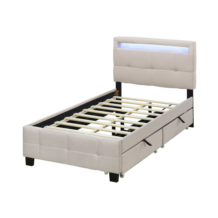 Upholstered Platform Bed With LED Frame, With Trundle And 2 Drawers