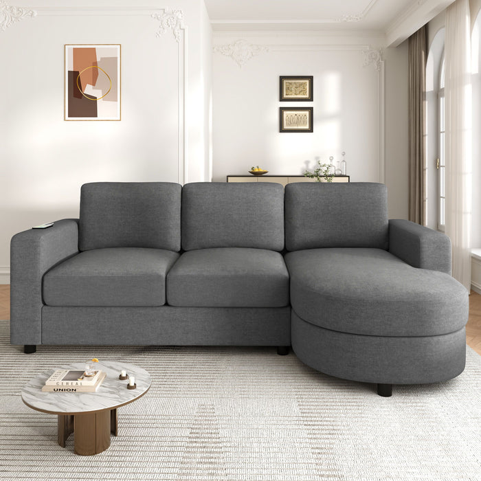 Modern L-Shaped Sectional Sofa With Curved Chaise, USB Ports, And Side Storage Pockets