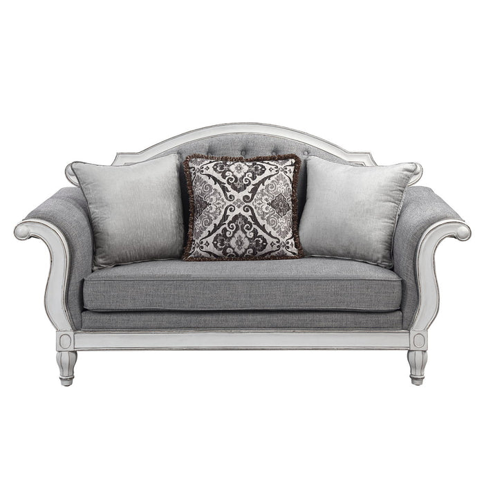 Acme Florian Loveseat With 3 Pillows, Gray Fabric & Antique White Finish