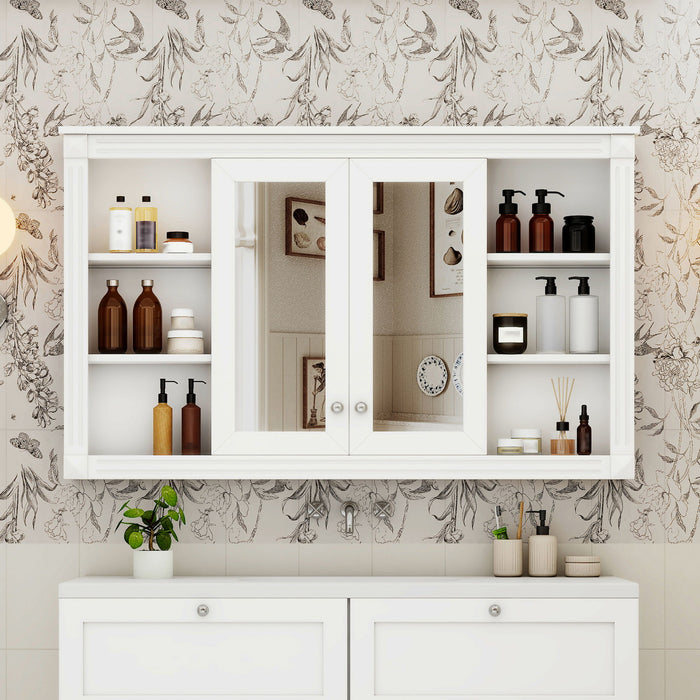 Wall-Mounted Mirror Cabinet With Adjustable Shelf And Open Shelves