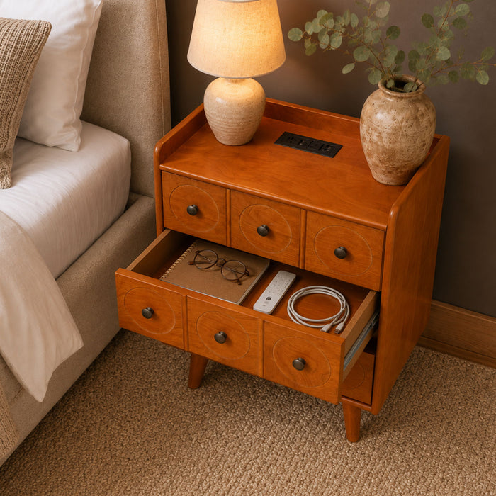 3 Drawer End Table With Charging Station For Bedroom - Natural Wood