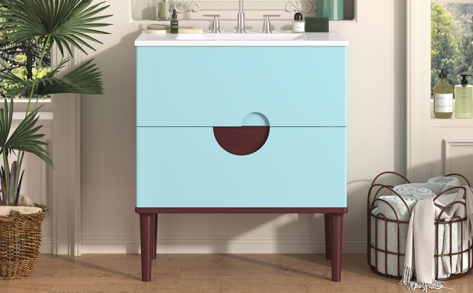 Bathroom Vanity Cabinet With Ceramic Sink Combo Set, Frame Modern Bathroom Storage Cabinet With 2 Drawers - Blue