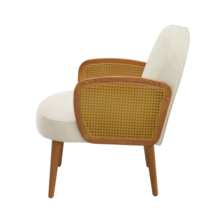 Accent Chair With Rattan Armrests And Wooden Legs Velvet For Living Room