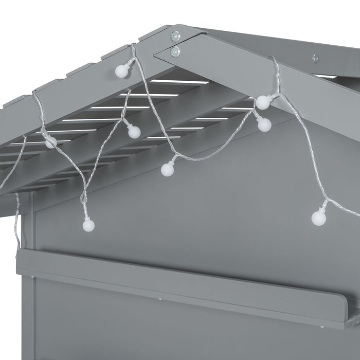 House Bed With Shelves, Window And Sparkling Light Strip On The Roof