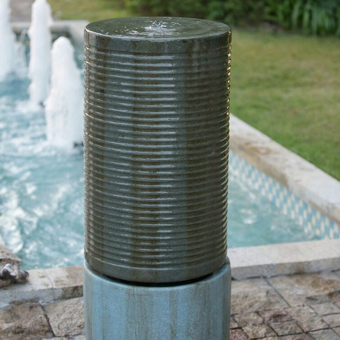 Large Modern Cylinder Ribbed Tower Water Fountain, Contemporary Outdoor Bird Bath
