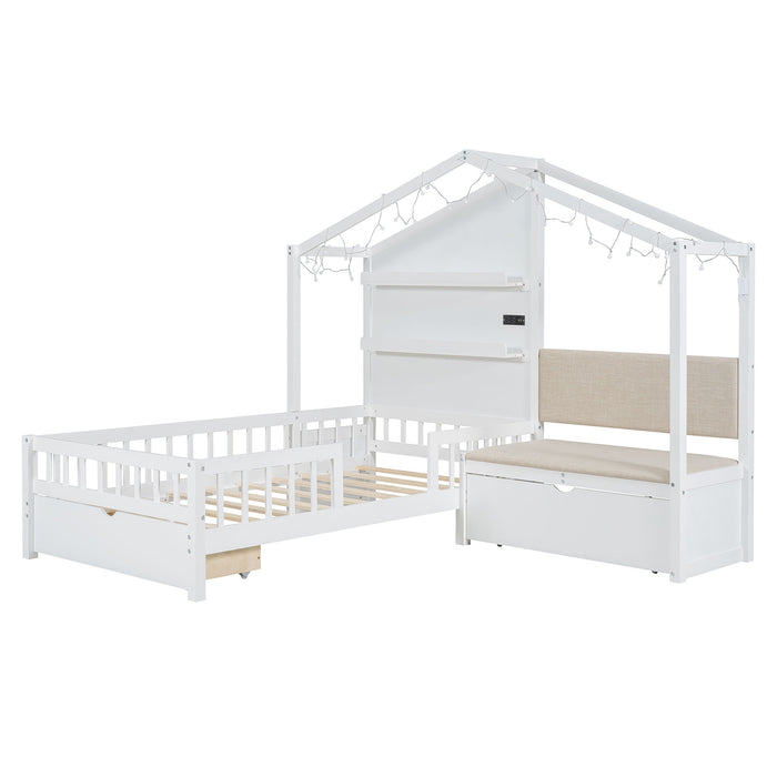 House Bed With Upholstered Sofa, Wireless Charging Station, Shelves And 2 Drawers