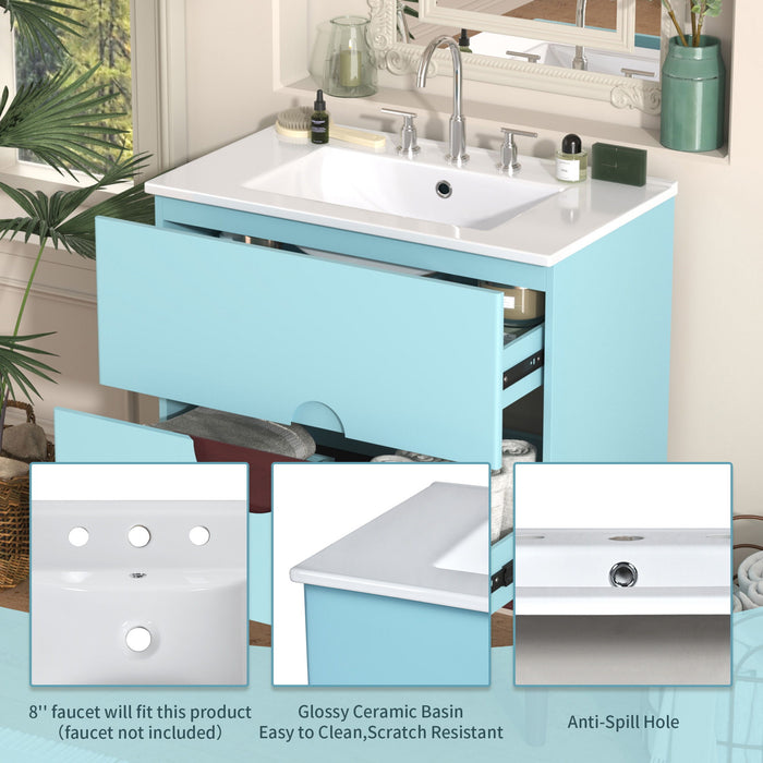 Bathroom Vanity Cabinet With Ceramic Sink Combo Set, Frame Modern Bathroom Storage Cabinet With 2 Drawers - Blue
