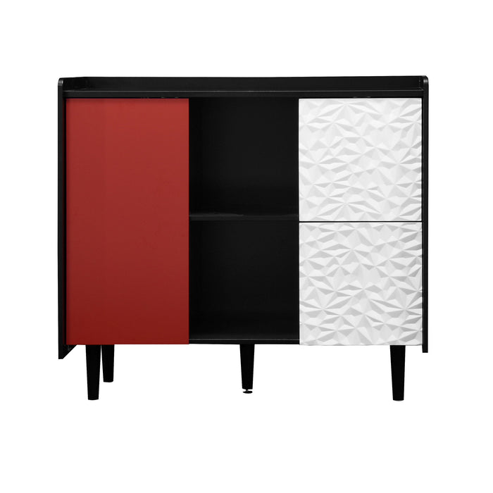 Modern Sideboard Buffet Cabinet With Red Doors And Unique Panel Styling
