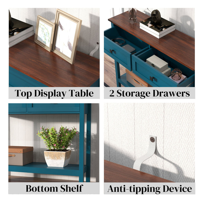 Farmhouse Style Console Table With 2 Drawers And Bottom Storage Shelf