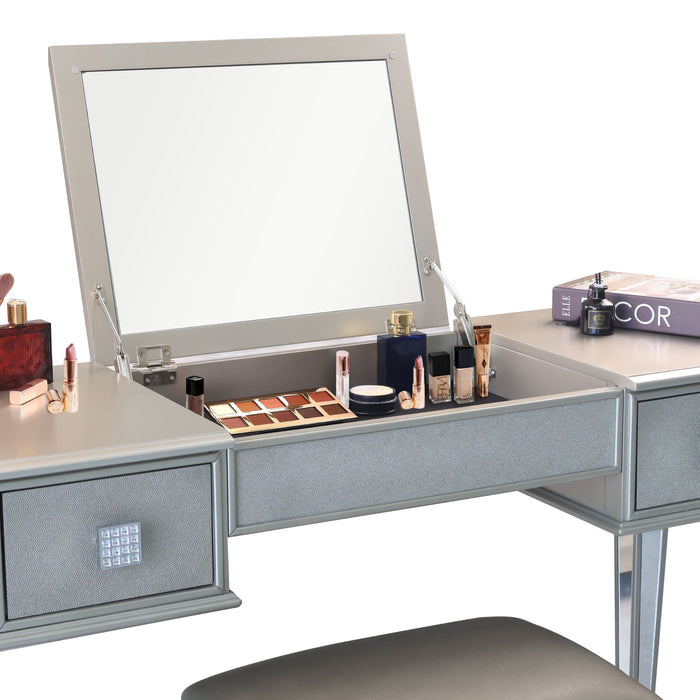 Mirrored Vanity Desk With Drawers And Stool, Flip Up Dressing Table Set For Makeup Room