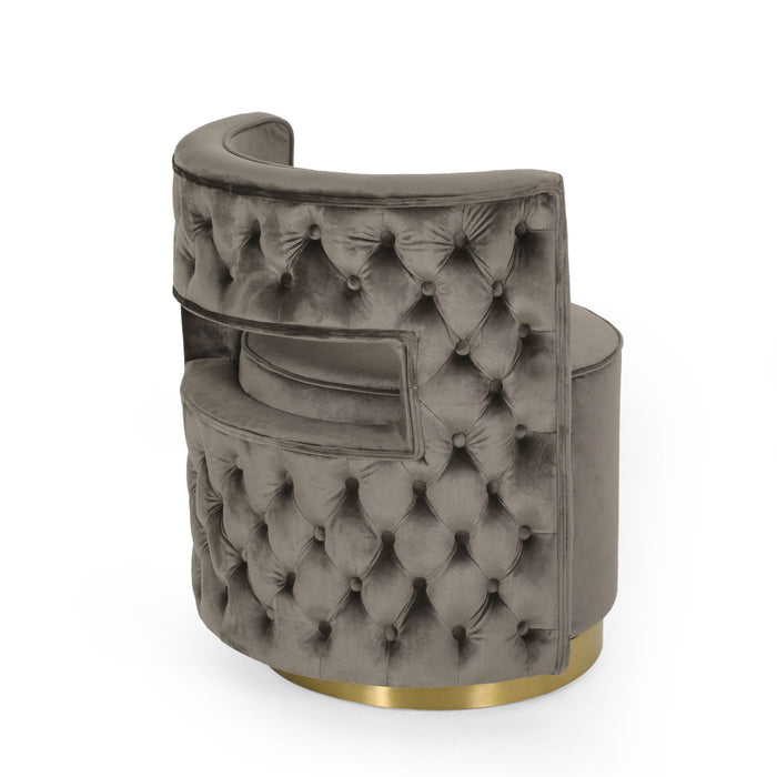 Modern Glam Swivel Arm Chair With Velvet Upholstery And Copper Base - Gray