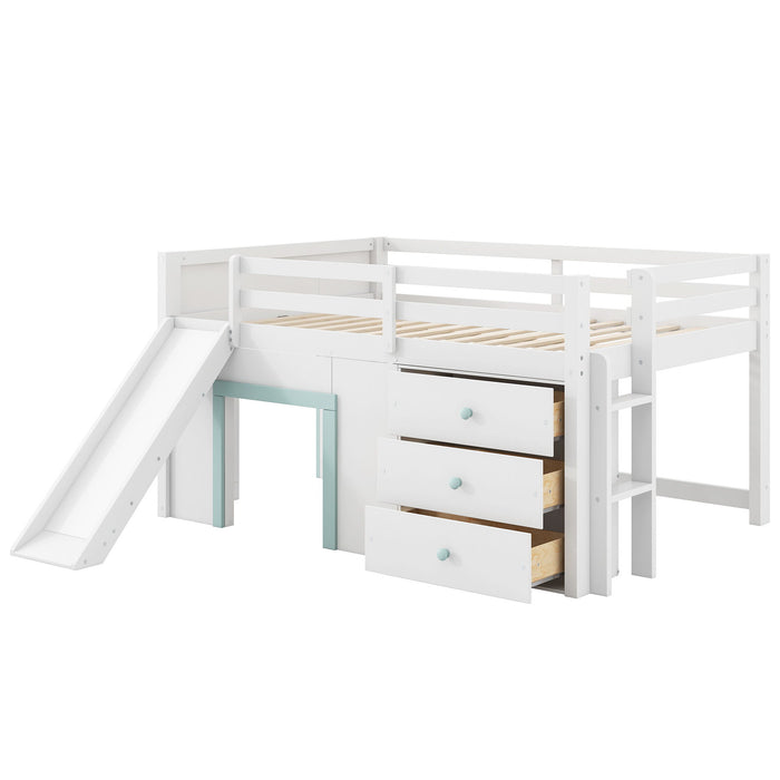 Modern Low Loft Bed With Slide, 3 Storage Drawers, And 2 Doors