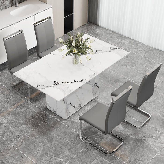 A Simple Dining Table. A Dining Table With A White Marble Pattern 4 PU Synthetic Leather High Backrest Cushioned Side Chairs With C-Shaped Silver Metal Legs