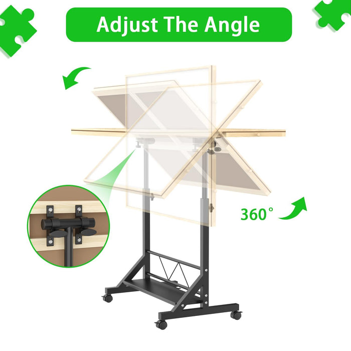 360 Degree Tilting Wooden Puzzle Table With 1500 Pieces, Rolling Design With Adjustable Height, Drawer, And Protective Cover - Black / Natural Wood