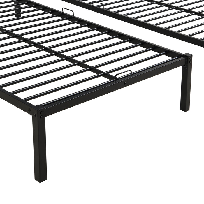 Modern Metal Triple Bunk Bed With Vertical Ladder, Safety Rail, And Storage Shelf - Black
