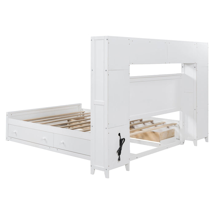 Queen Size Wooden Bed With All In One Cabinet, Shelf And Sockets - White