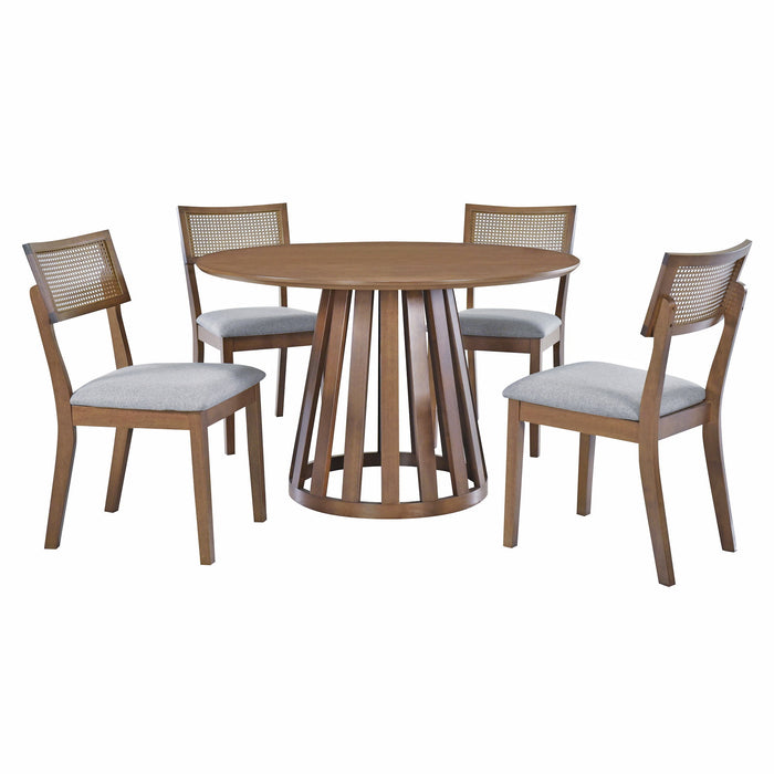 Trexm 5 Piece Retro Dining Set With 1 Round Dining Table And 4 Upholstered Chairs With Rattan Backrests For Dining Room And Kitchen (Light Brown)